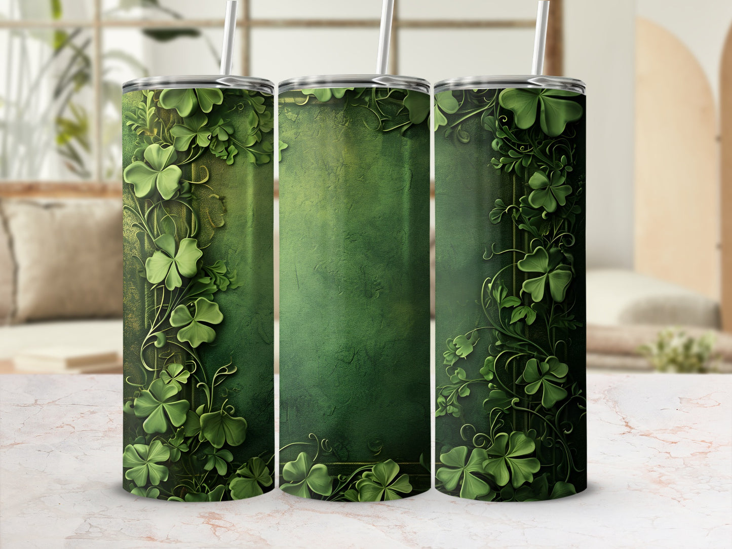 Green tumbler with shamrock design and textured center.