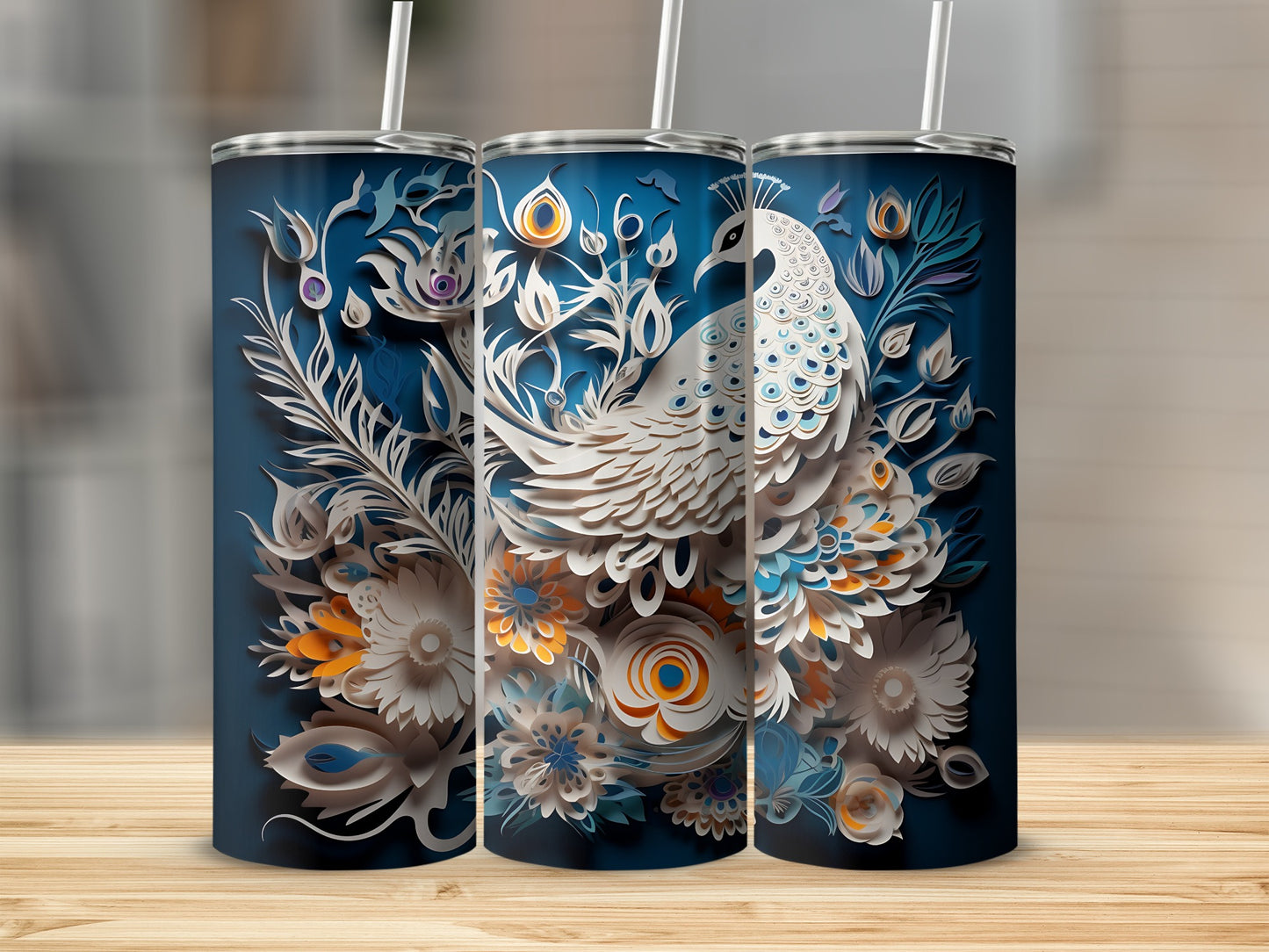 Three tumblers with a white peacock and floral design.