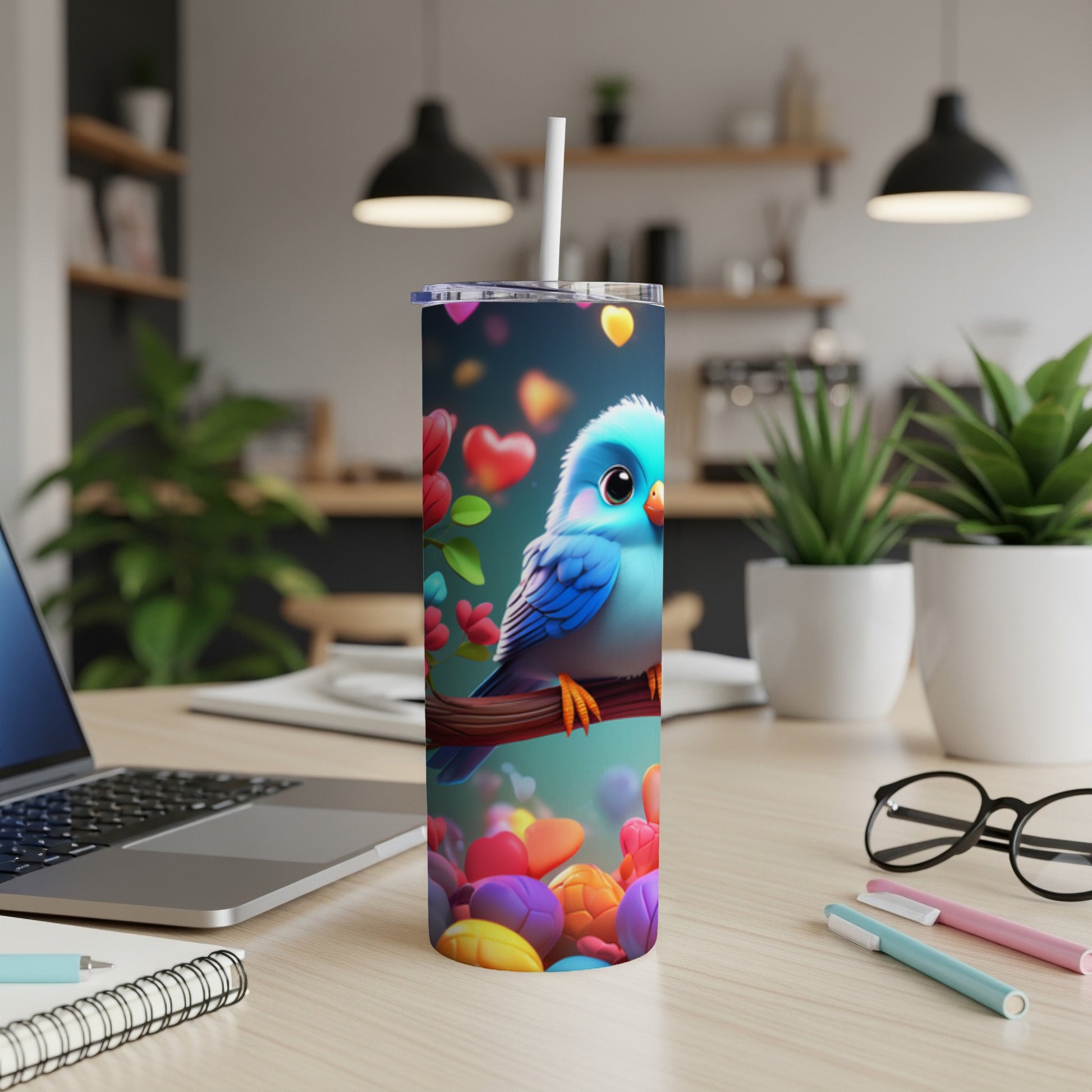 Blue bird with hearts and colorful eggs on a tumbler.