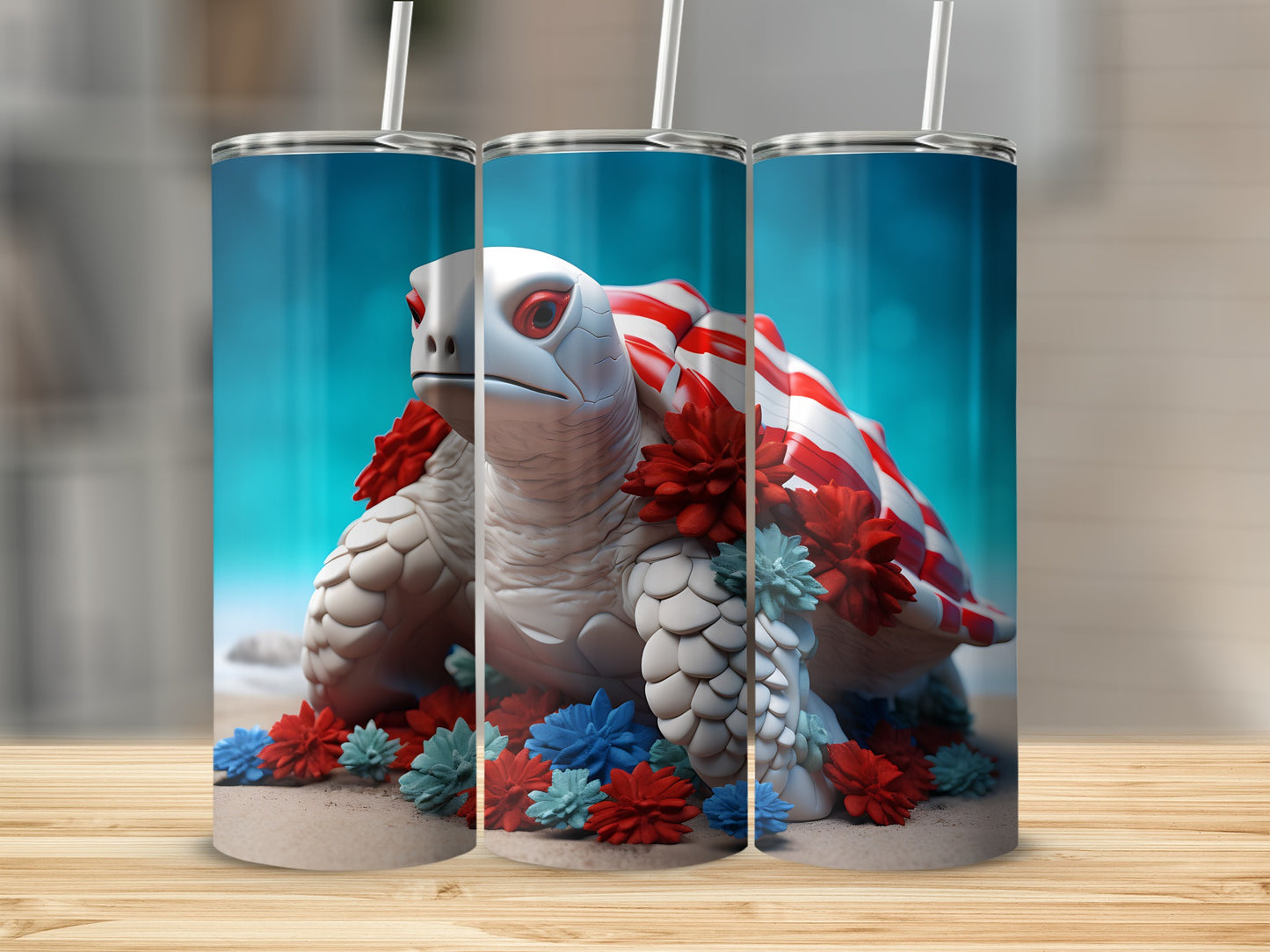 Turtle tumbler with red and white stripes and floral decorations.