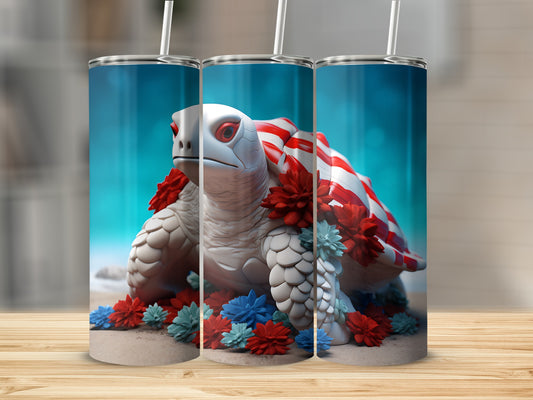 Turtle tumbler with red and white stripes and floral decorations.