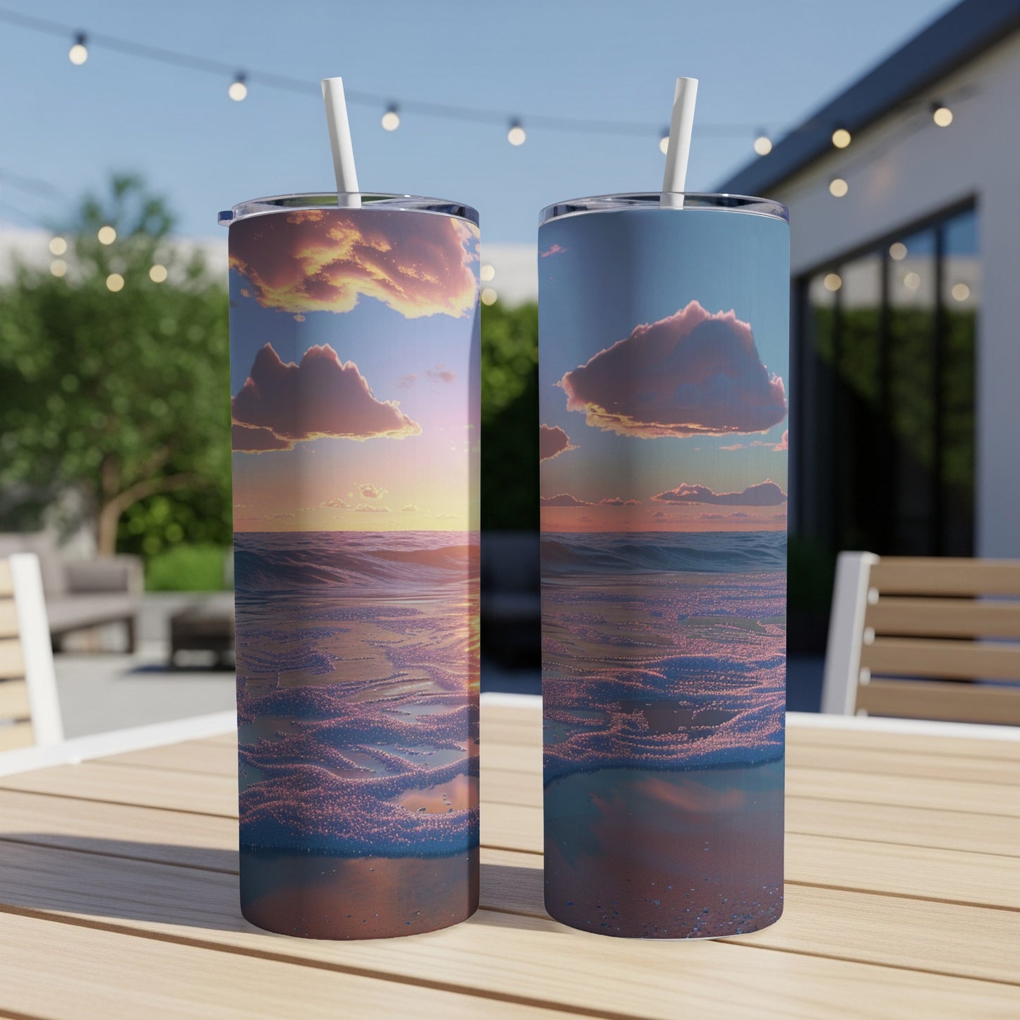 Two tall tumblers with a sunset ocean wave design sit on a table outdoors.