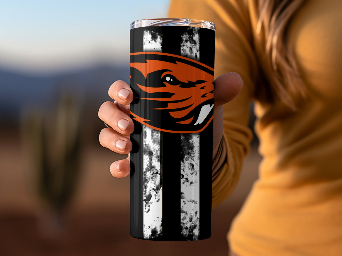 Black and Orange Striped Tumbler with Animal Logo