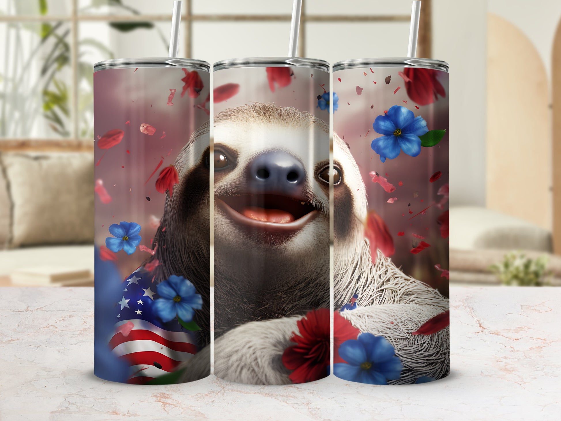 Sloth wearing American flag bandana, surrounded by falling red and blue petals.