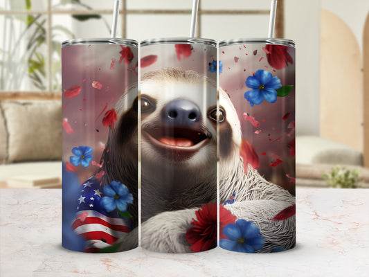 Sloth wearing American flag bandana, surrounded by falling red and blue petals.