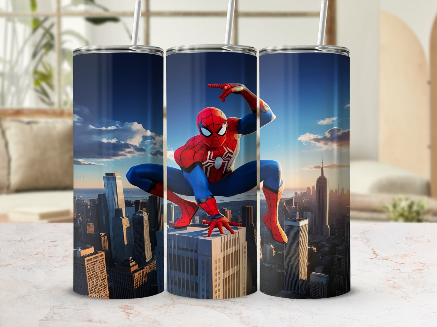 Spider-Man perched on skyscraper against city skyline.