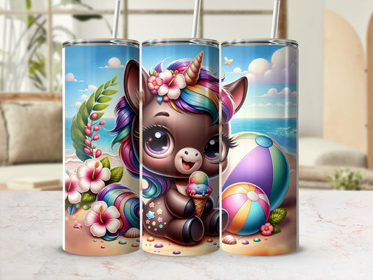 Unicorn holding ice cream in front of beach scene with beach ball.