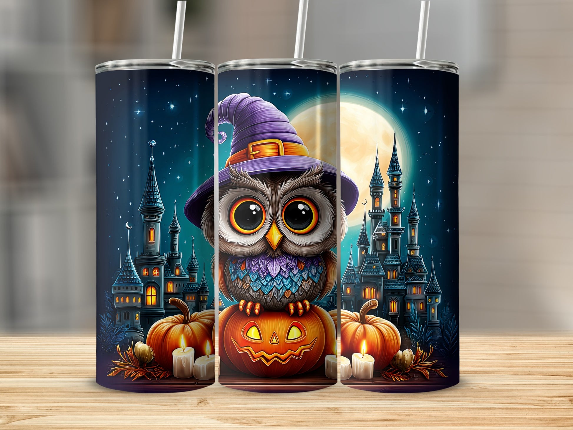 Halloween Owl with Castle Scene Tumbler