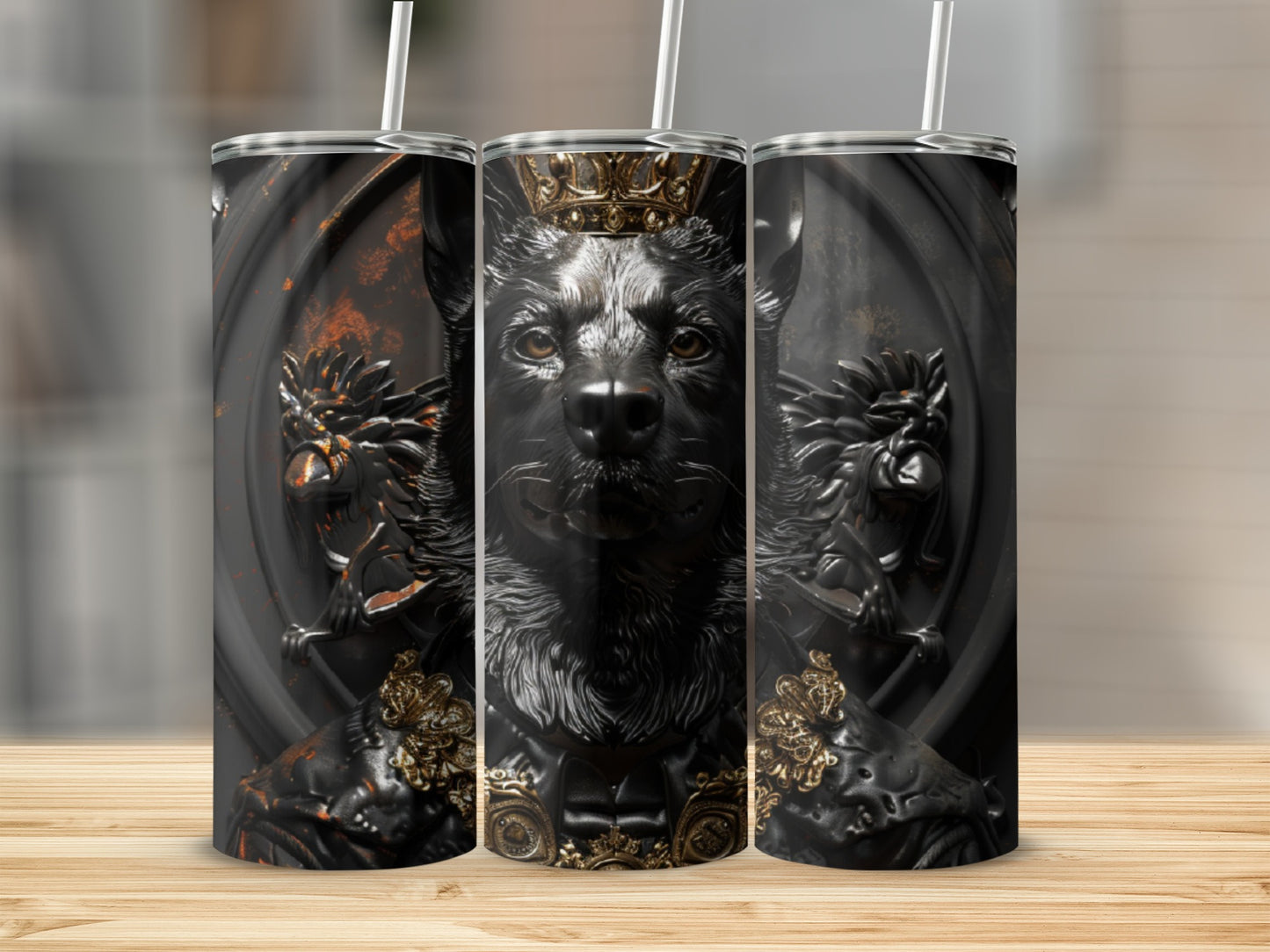 Dark wolf wearing a golden crown and ornate armor, centered on a tumbler.