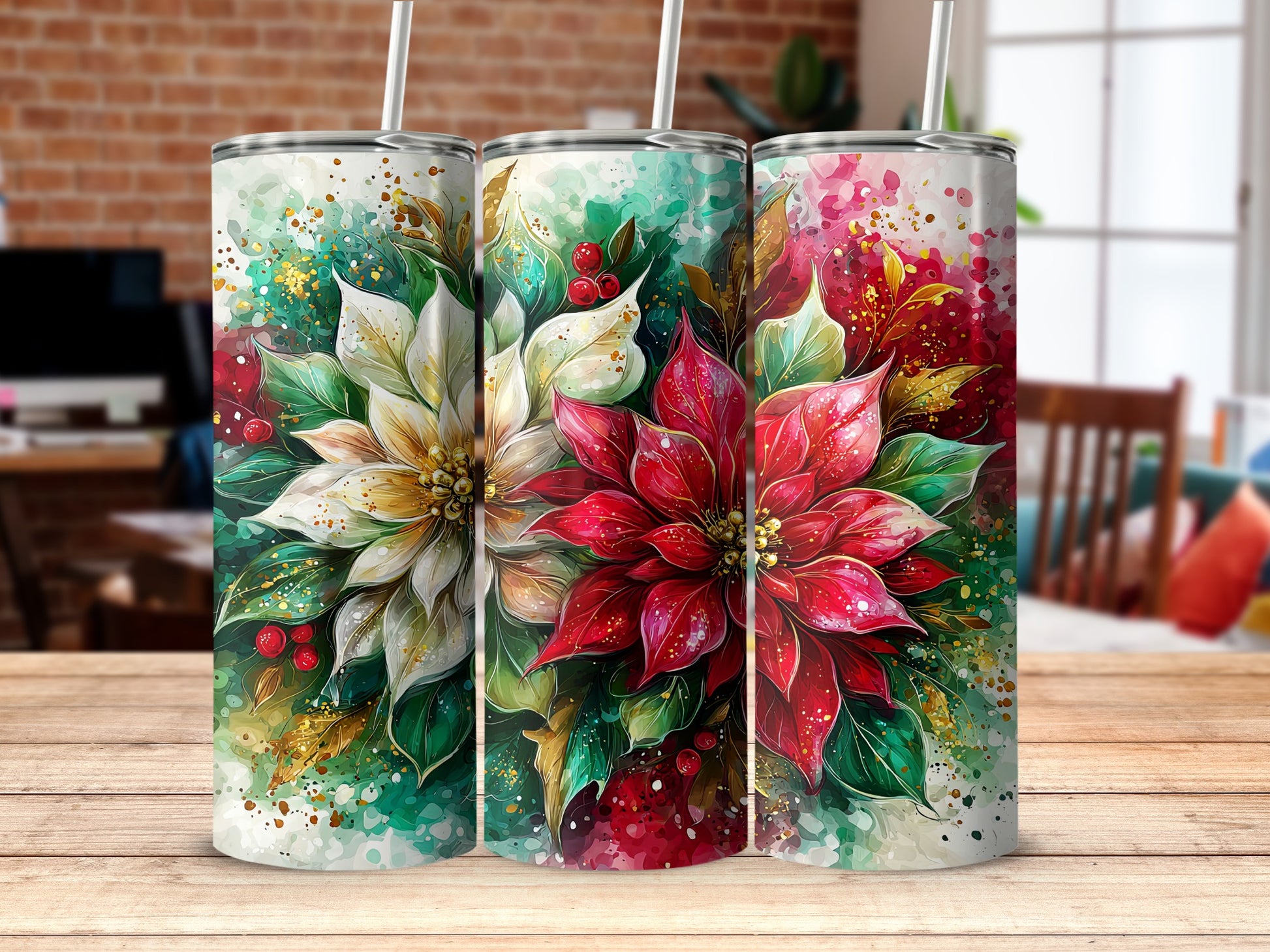 Festive Floral Tumblers with Red and White Blooms Tumbler