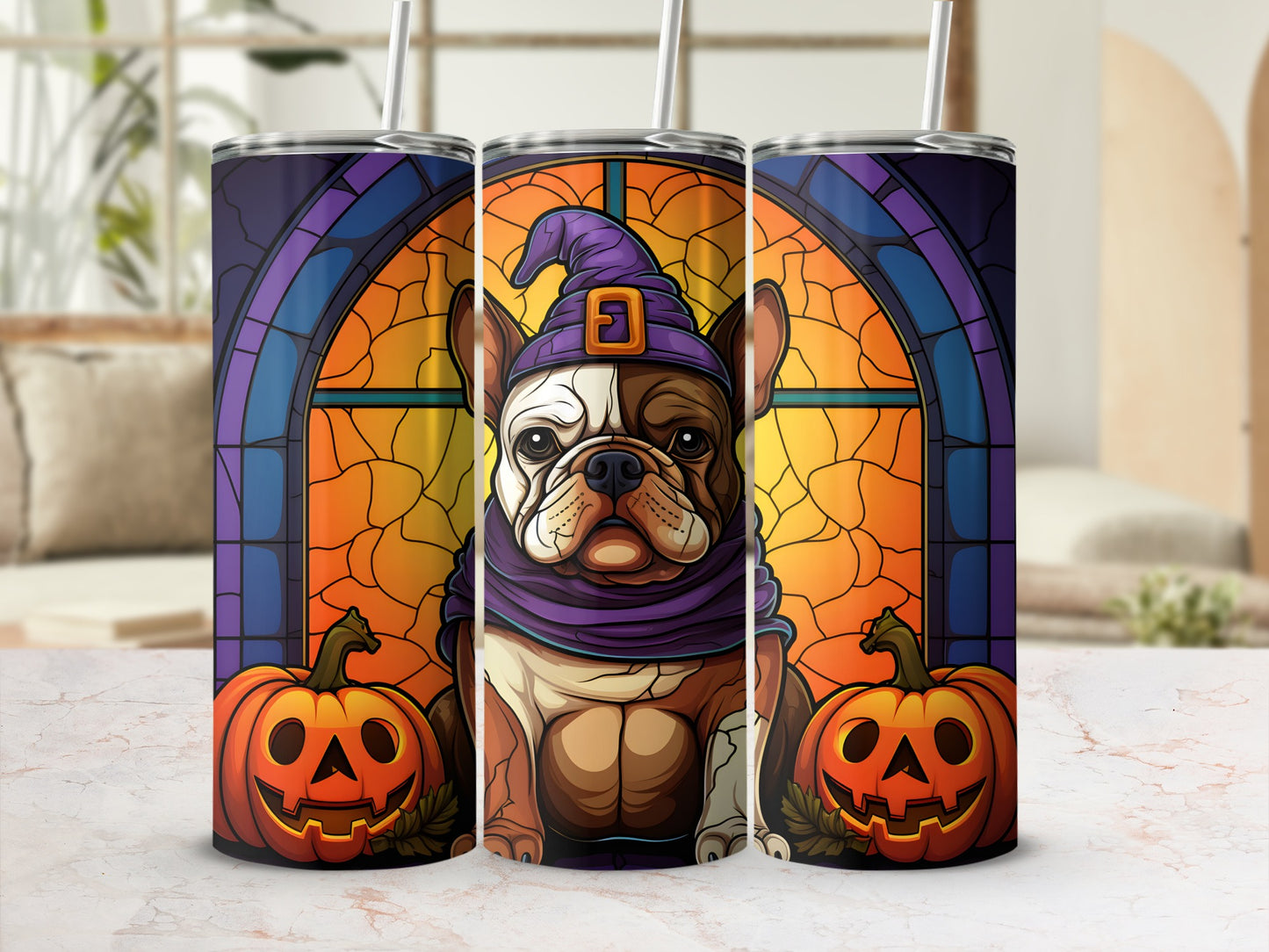 French bulldog in wizard hat and scarf with pumpkins and stained glass design.
