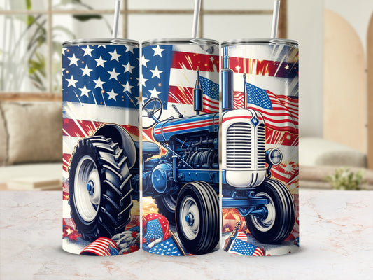 Tractor with American flag design on a skinny tumbler.