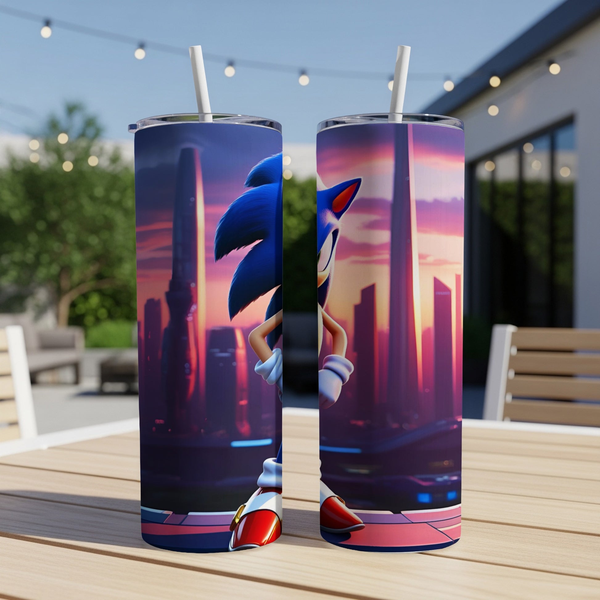 Sonic the Hedgehog character on a cylindrical tumbler with city background.