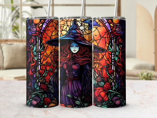 Three tumblers featuring a witch and stained glass design.