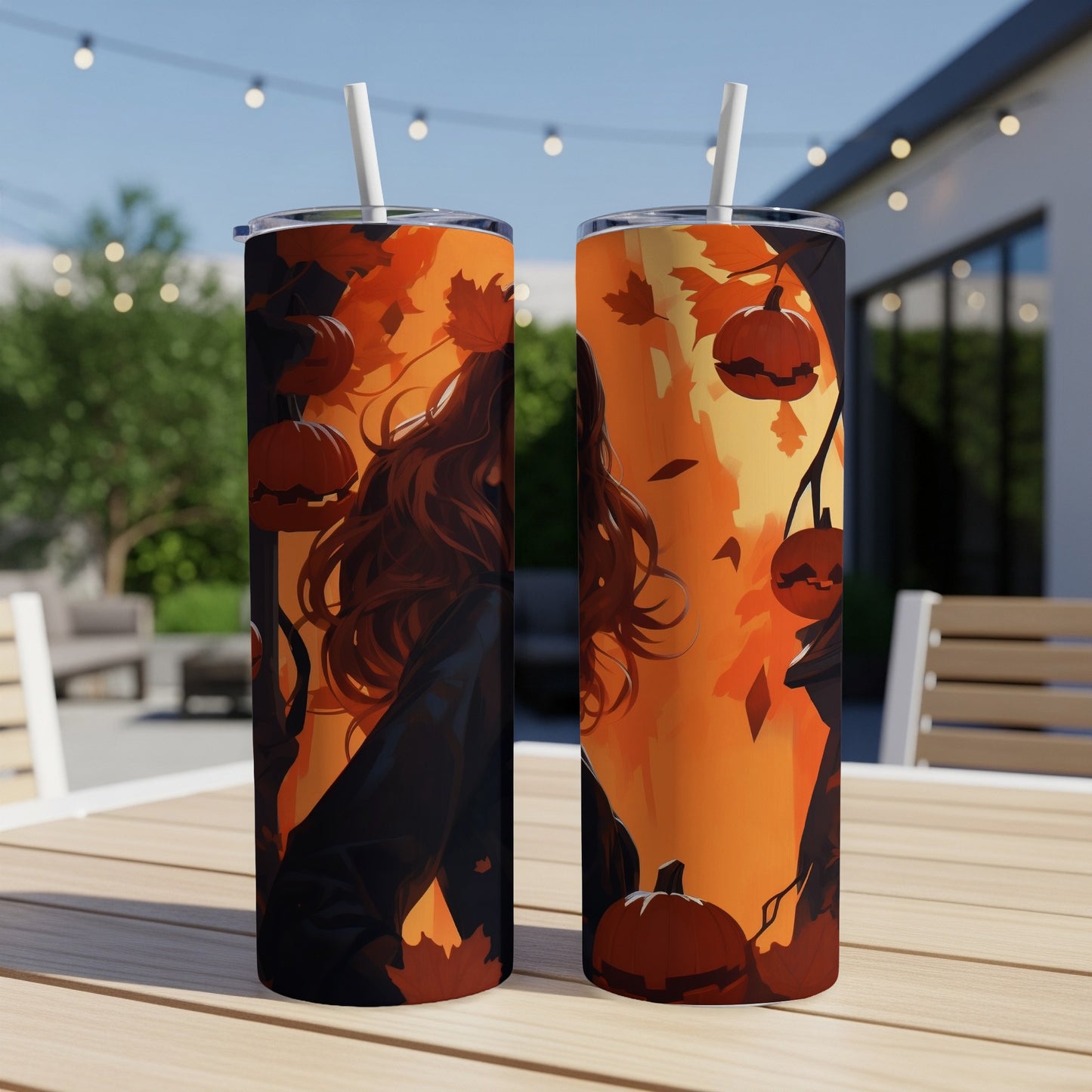 Two tumblers with a Halloween design of pumpkins and falling leaves.