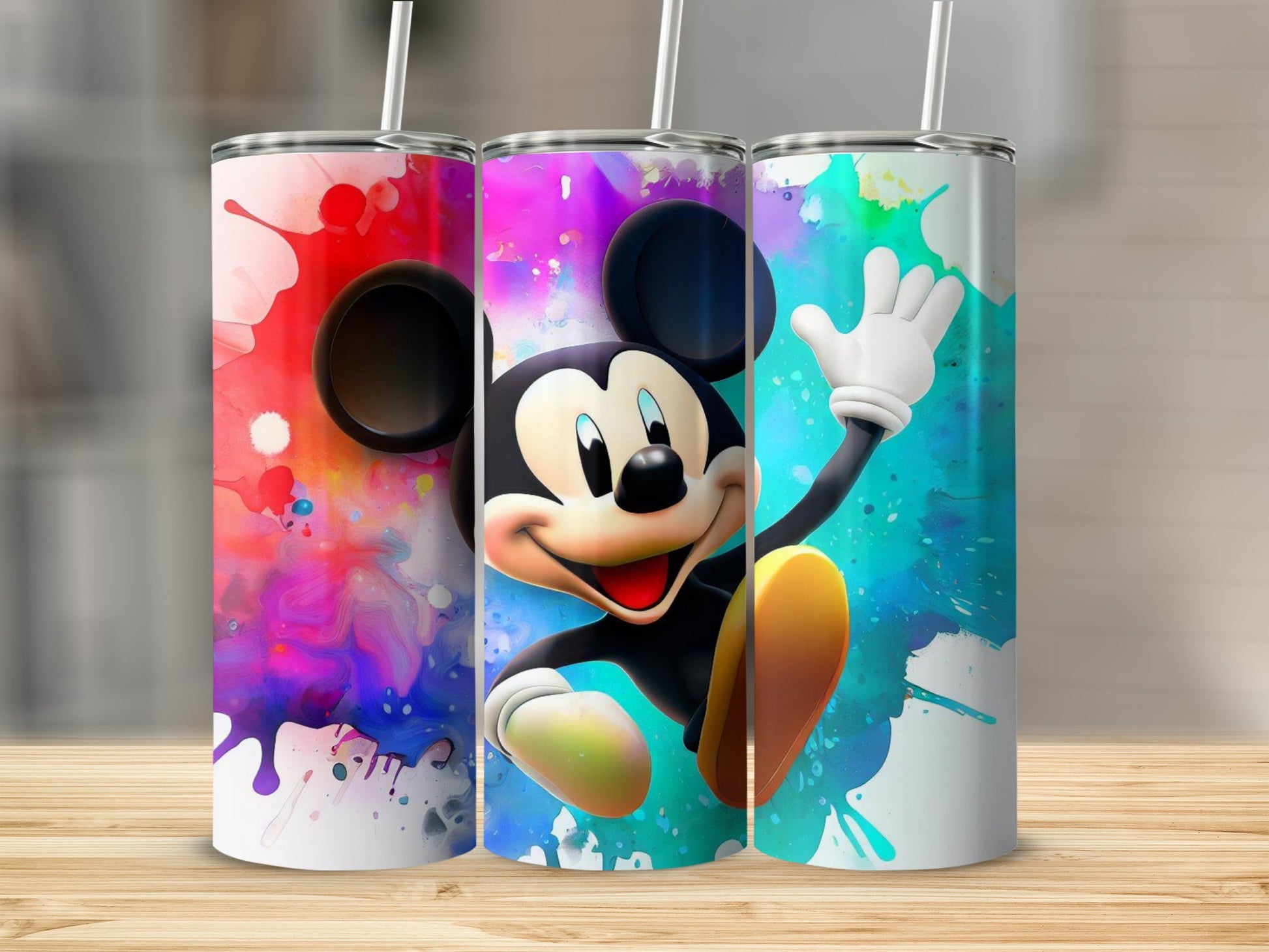 Vibrant Disney Character Artwork on Tumblers Set