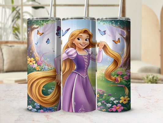 Rapunzel in a purple dress with long blonde hair, surrounded by a forest and butterflies.