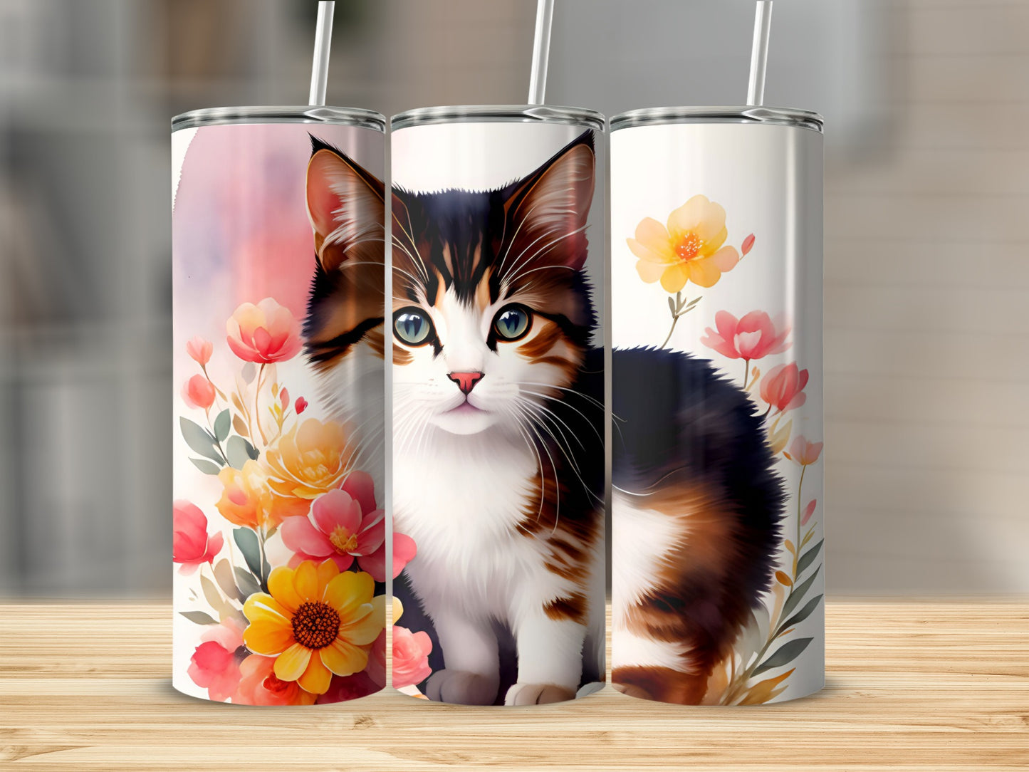 Tabby cat with blue eyes surrounded by watercolor flowers on a tumbler.