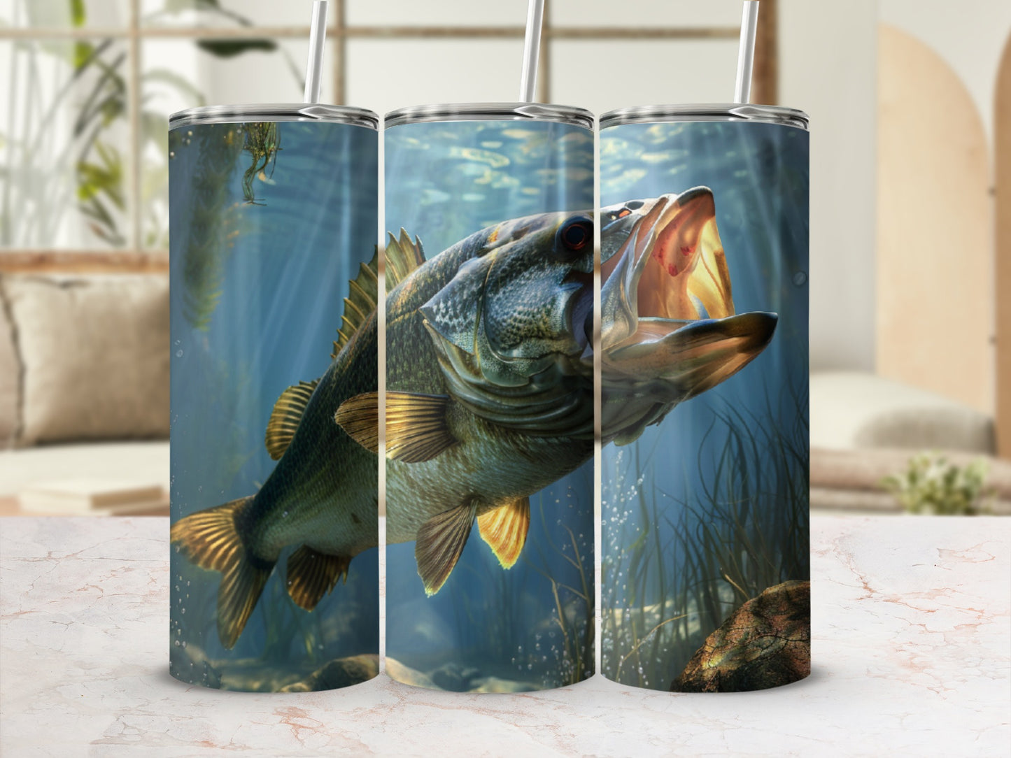 Large mouth bass leaping from water with straw.