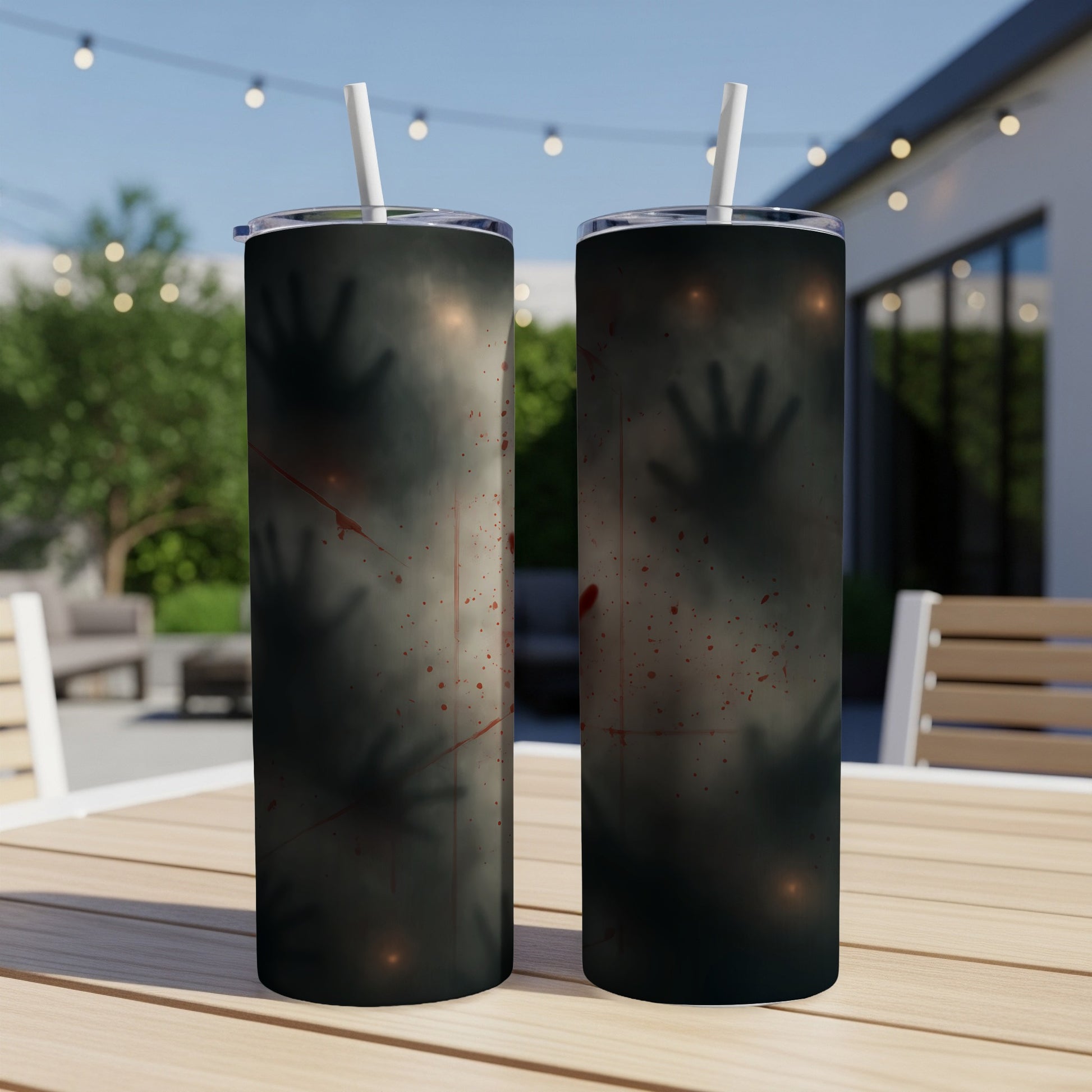 Two tumblers with shadowy hand prints and blood splatters against a smoky background.