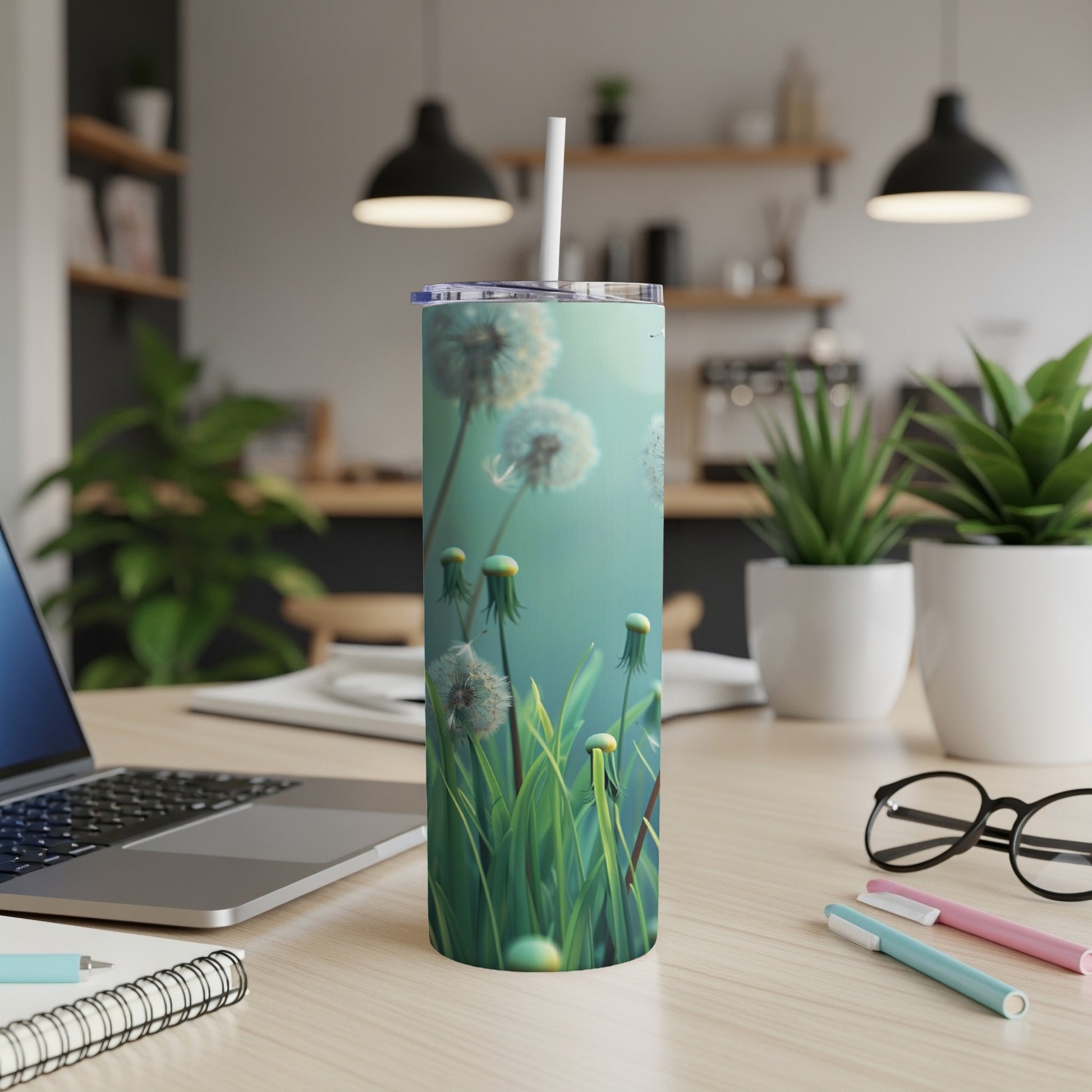 Green tumbler with dandelion seeds floating in a teal gradient.