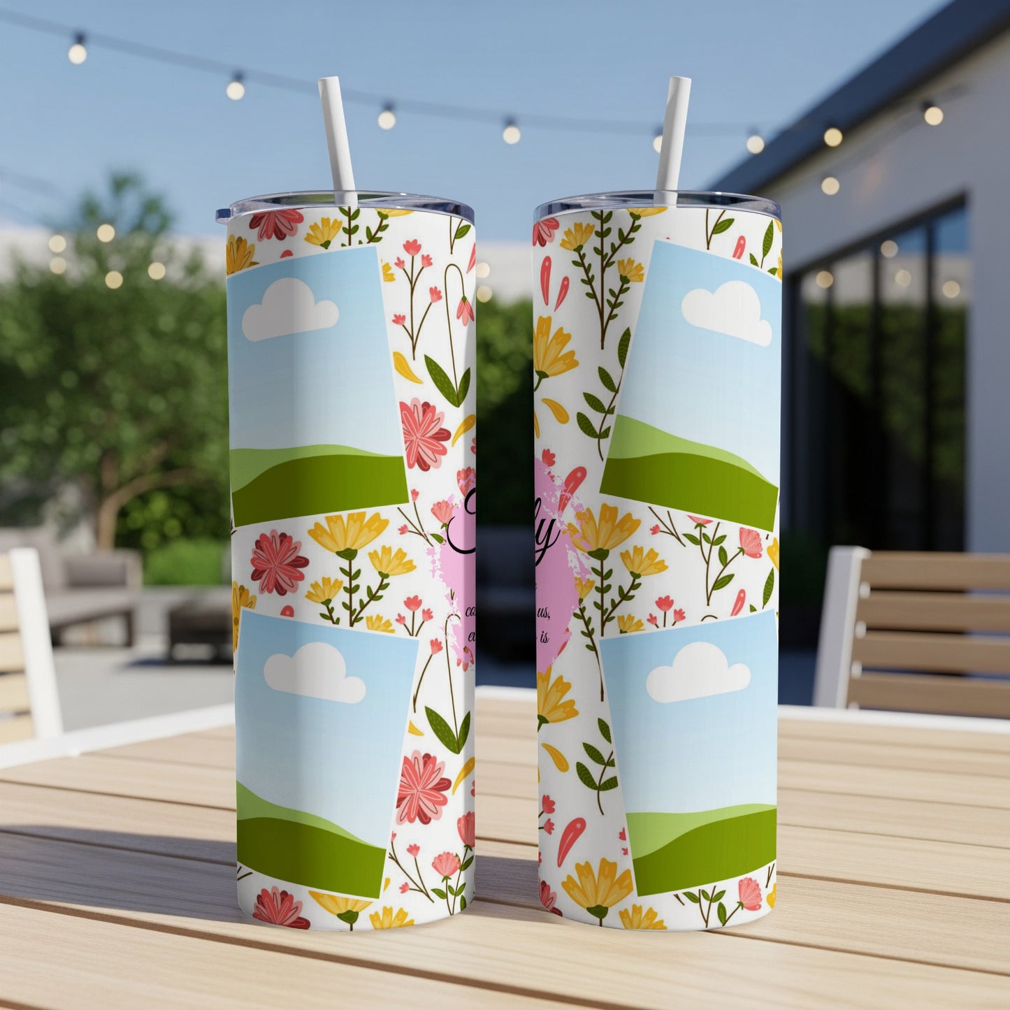 Two skinny tumblers with a floral pattern and photo frame placeholders.