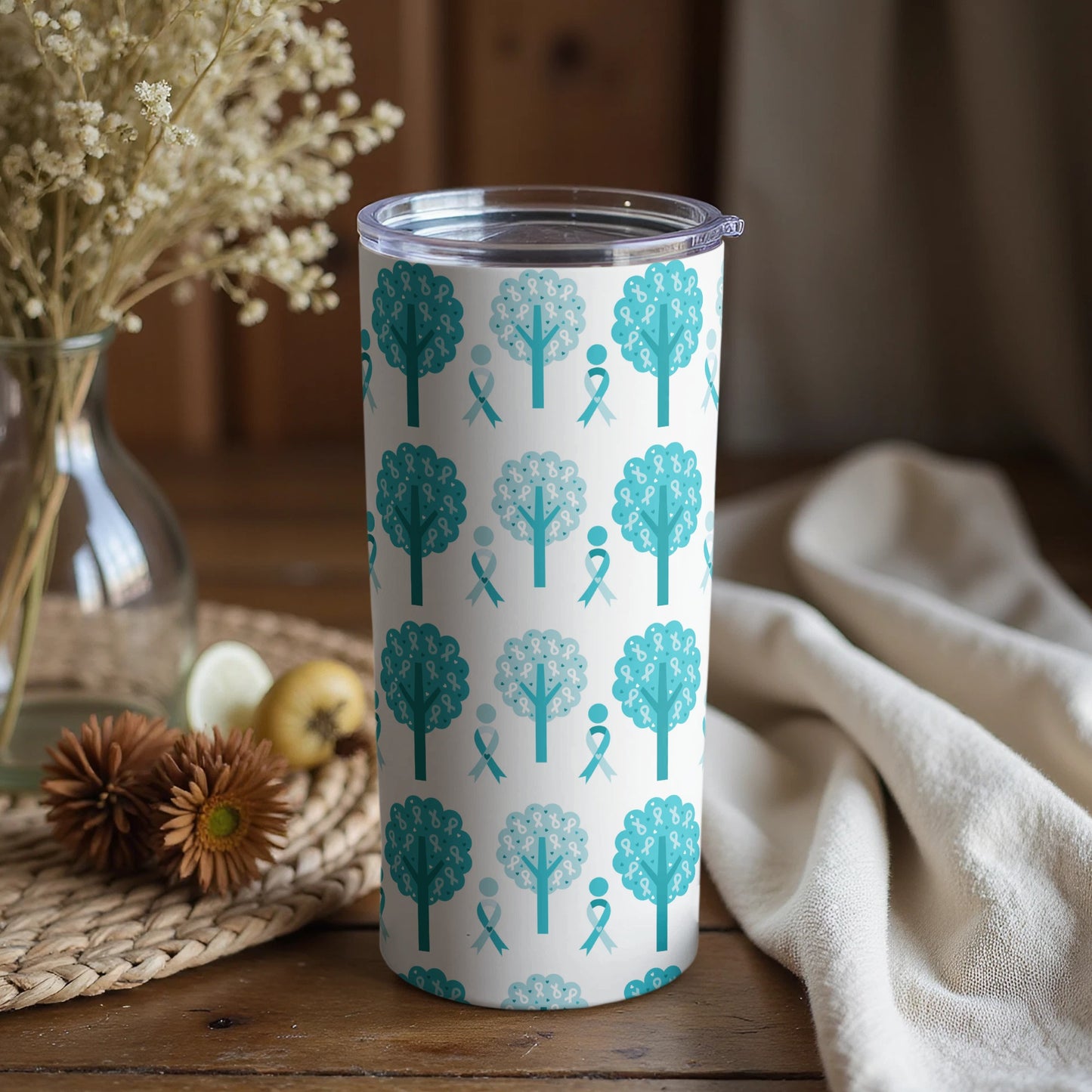 Teal Ribbon and Tree Patterned Tumbler Cup Product