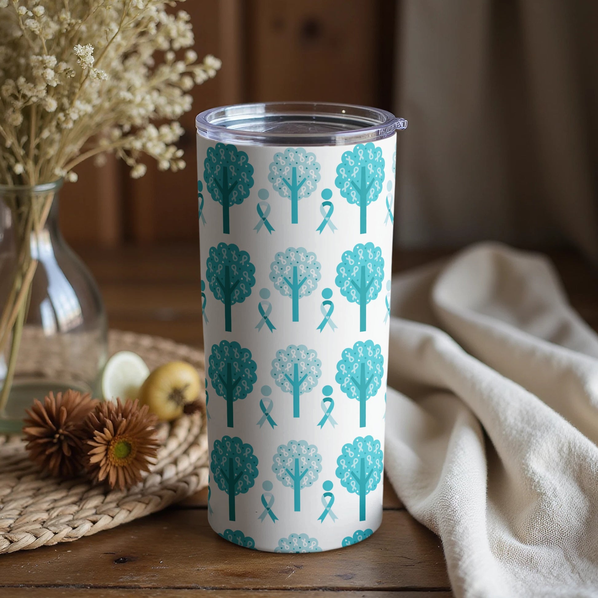 Teal Ribbon and Tree Patterned Tumbler Cup Product
