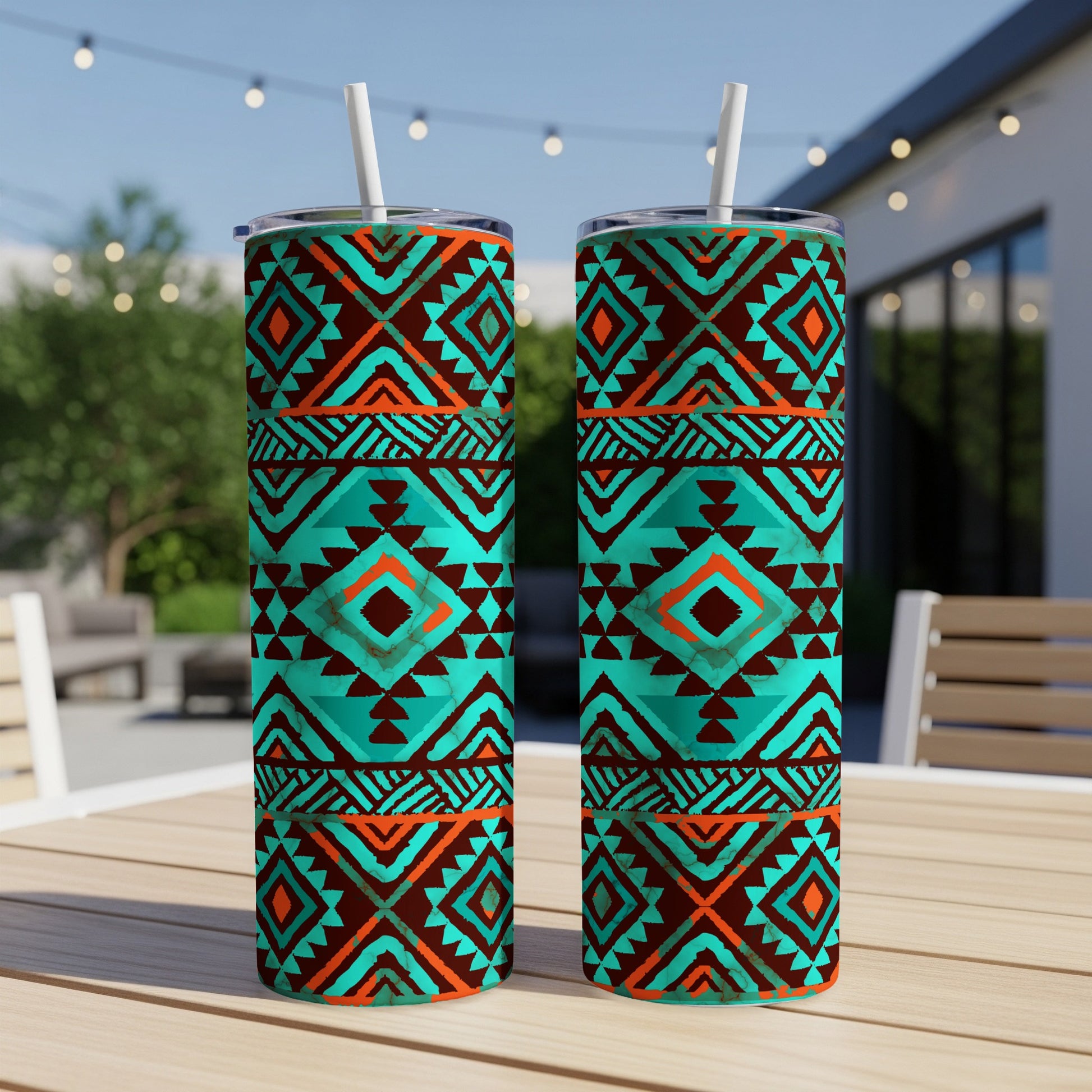 Two teal and orange geometric patterned tumblers with straws on a table.