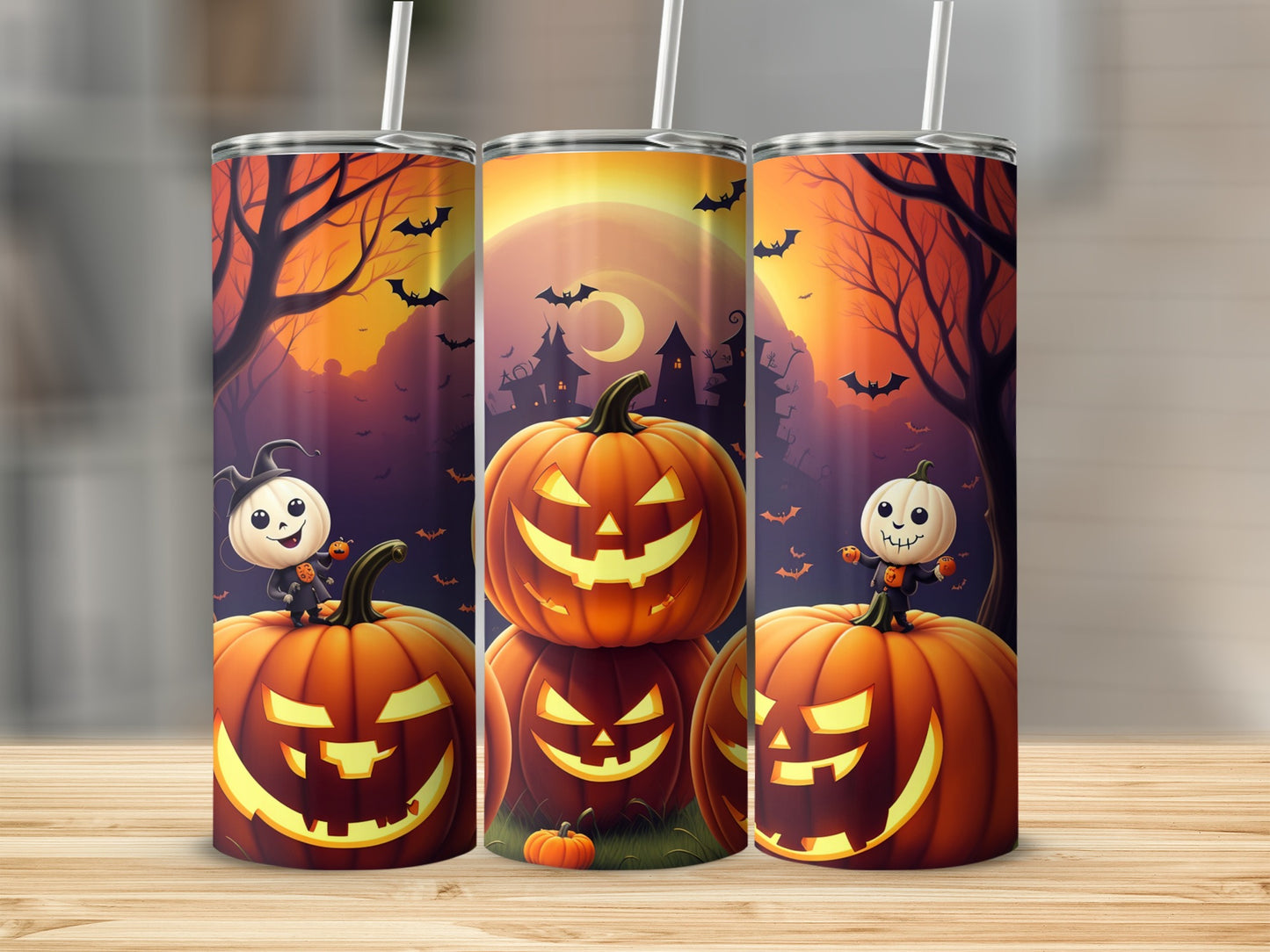Three Halloween-themed tumblers with jack-o'-lanterns and bats on a dark, spooky background.