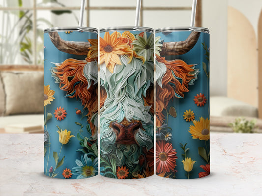 Highland cow with floral mane and horns, surrounded by colorful flowers.