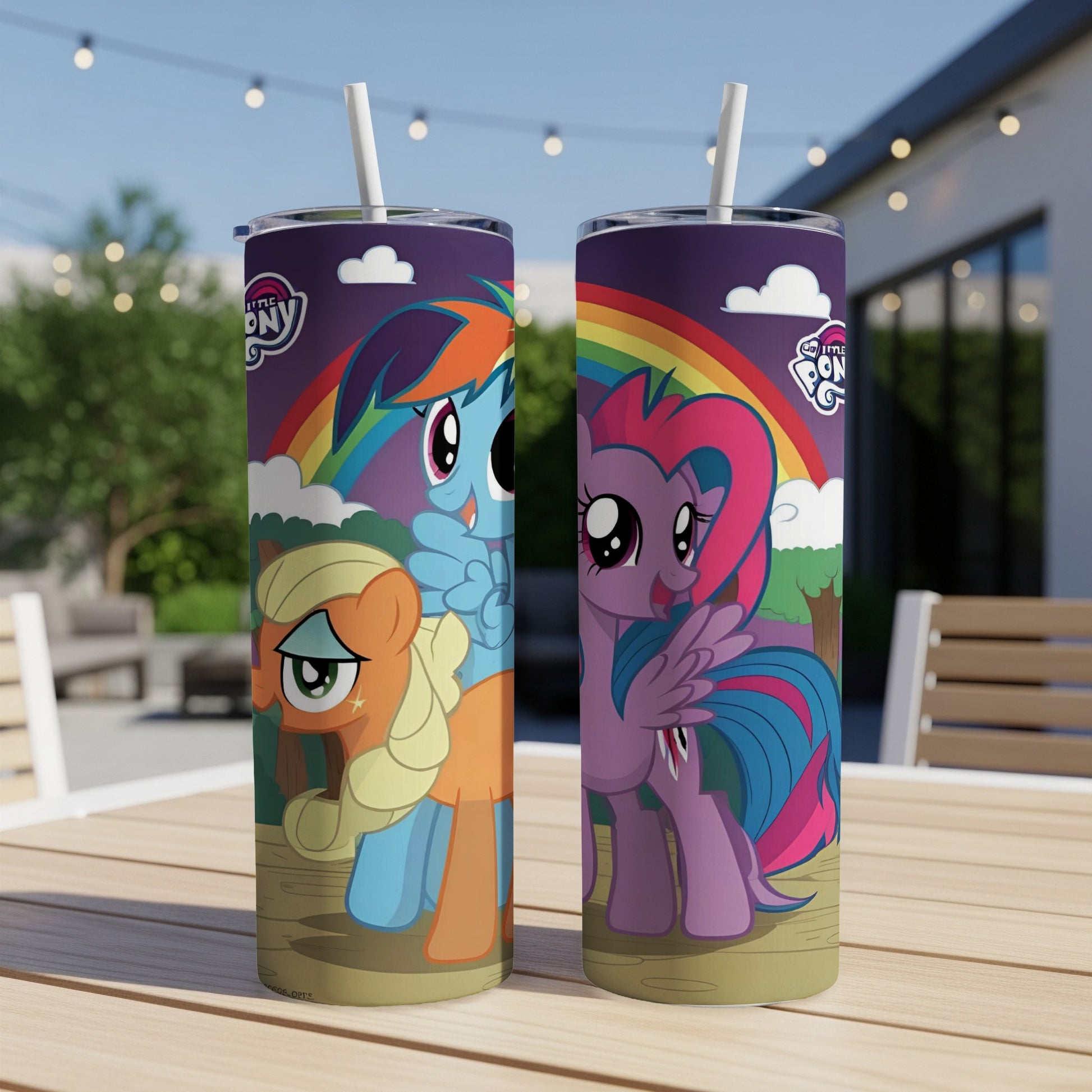 My Little Pony Rainbow Dash and Applejack on a colorful tumbler.