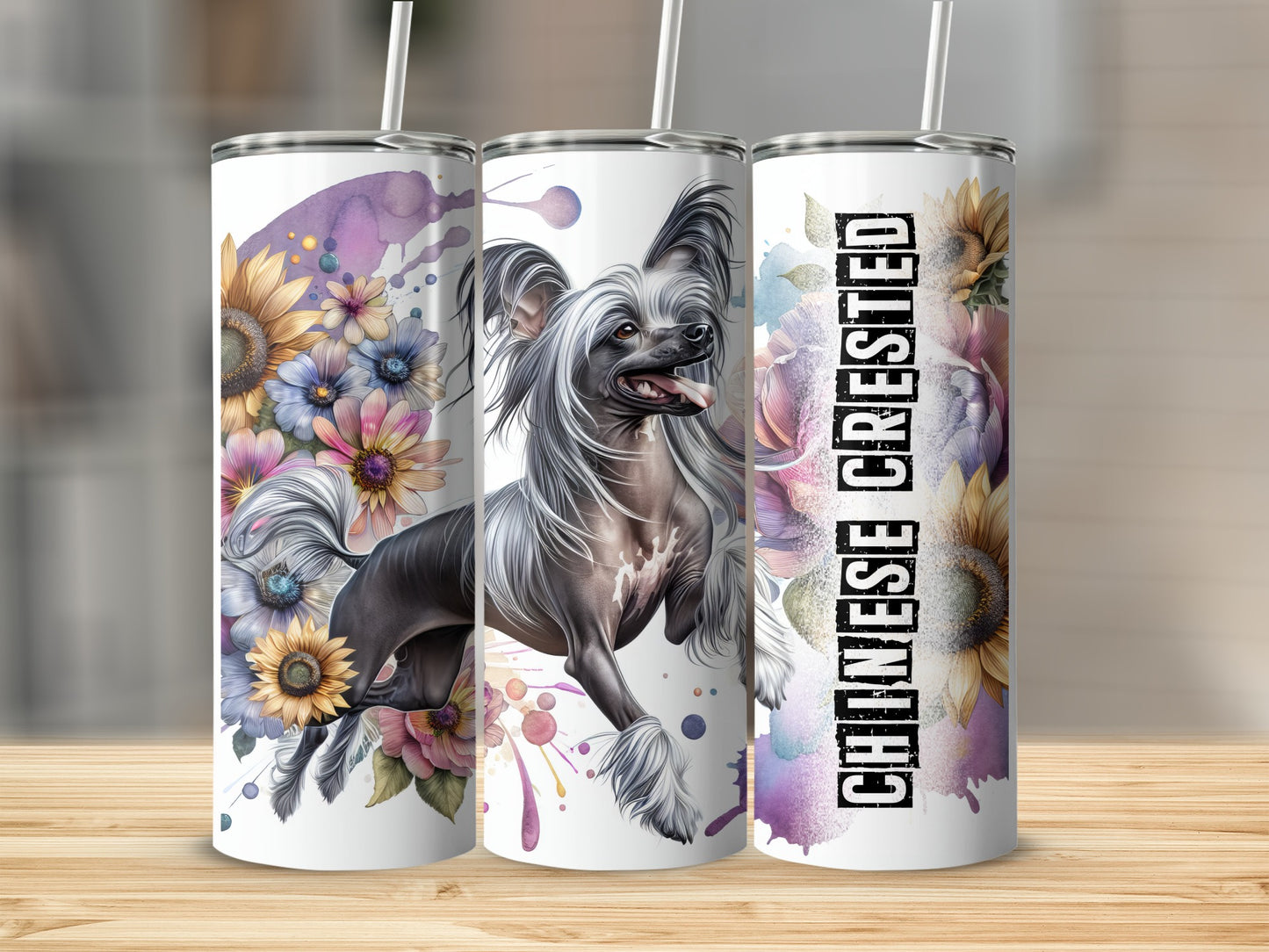 Three Chinese Crested dog tumblers with floral accents and watercolor splashes.