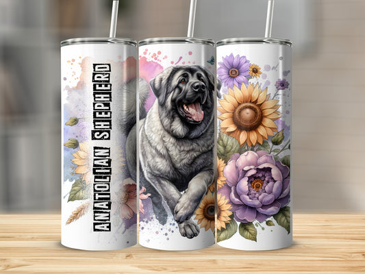 Anatolian Shepherd dog design on three tumblers with floral accents.