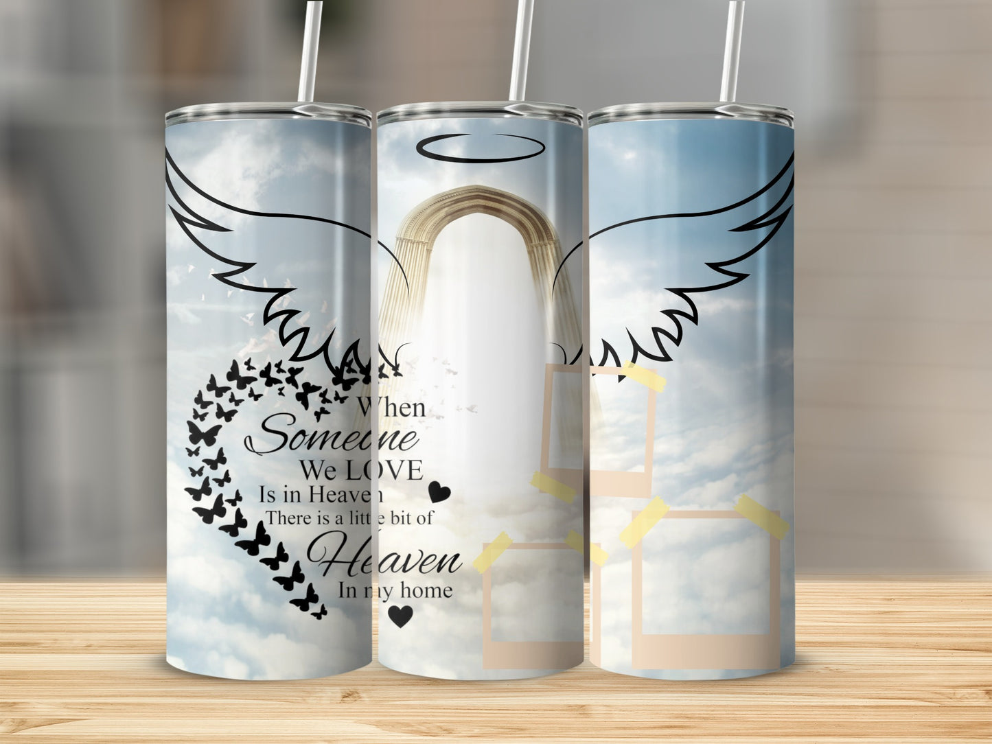 Tumblers with angel wings, butterflies, and text about Heaven.