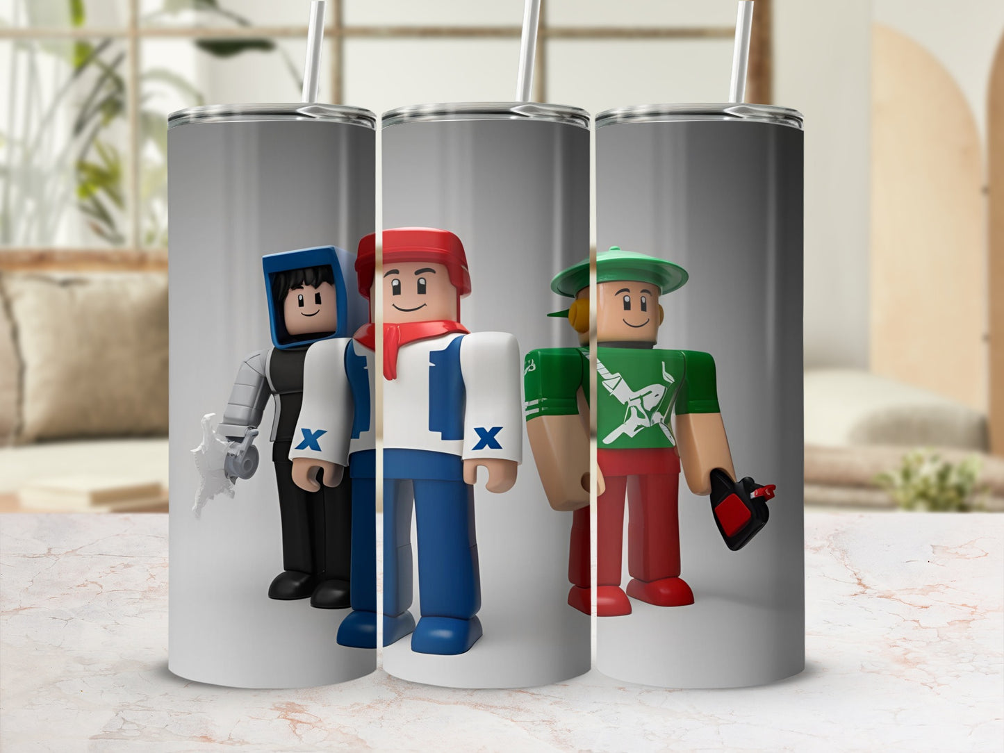 Three Roblox characters in colorful outfits holding items.