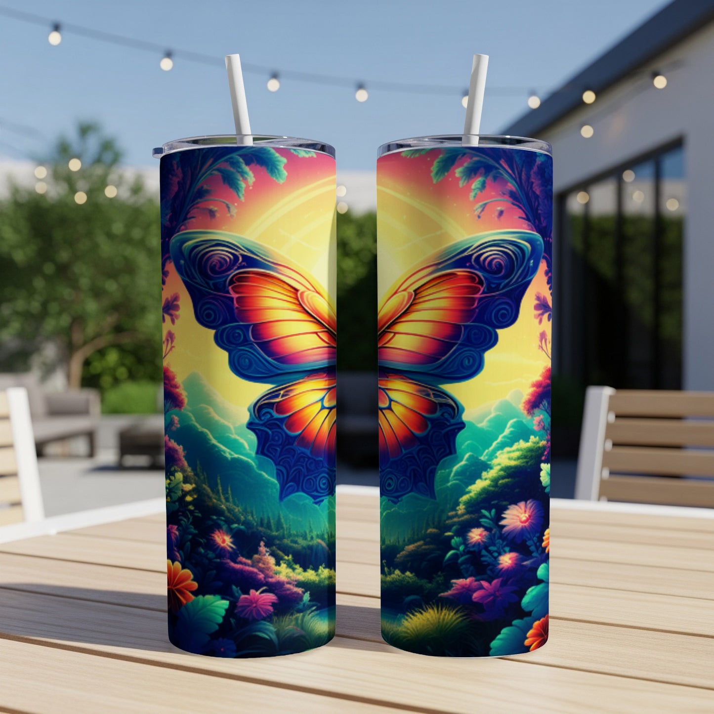 Two tumblers featuring a vibrant butterfly and colorful floral landscape design.