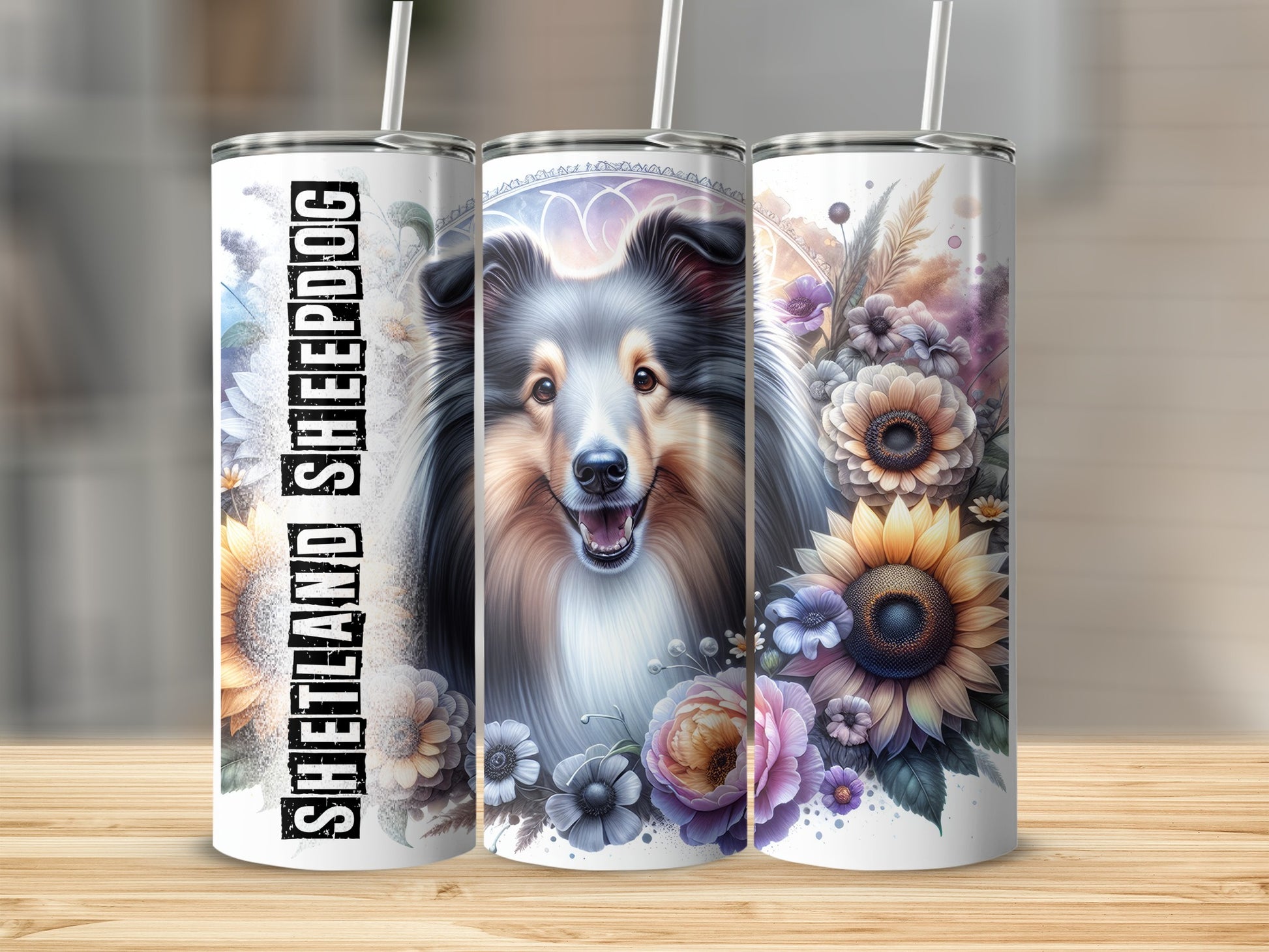 Shetland Sheepdog portrait with sunflowers and purple flowers on a skinny tumbler.