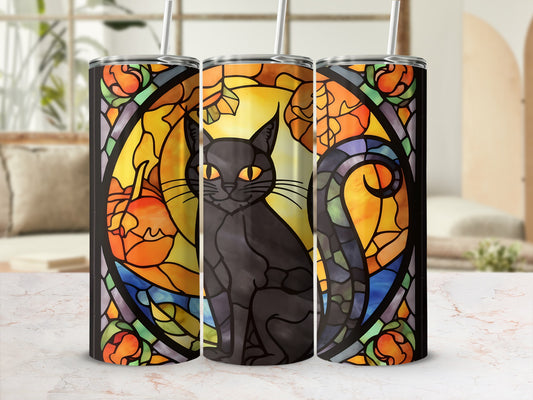 Black cat with yellow eyes against a stained-glass style pumpkin and autumn leaf background.