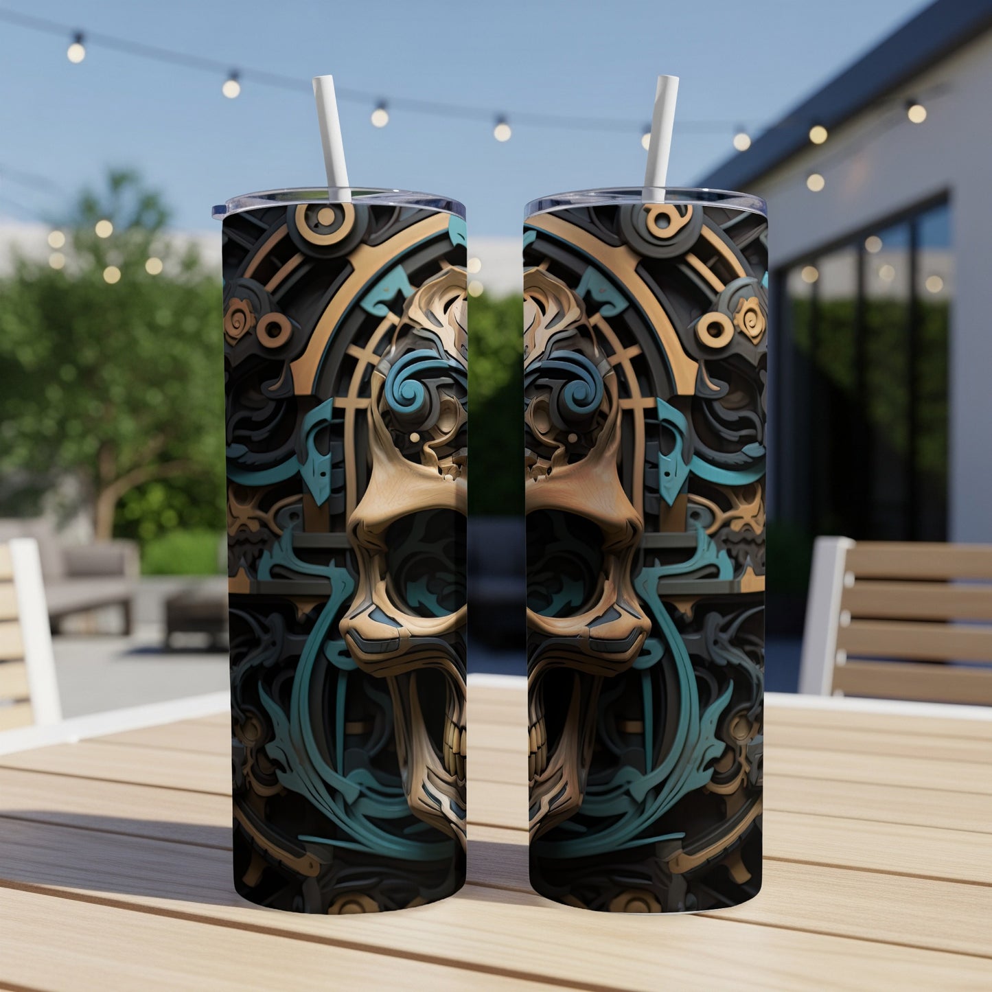 Two tall tumblers with a detailed skull and mechanical design.