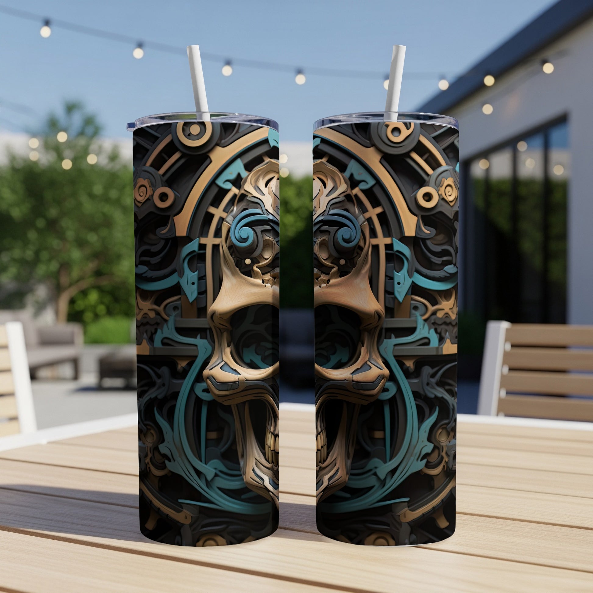 Two tall tumblers with a detailed skull and mechanical design.