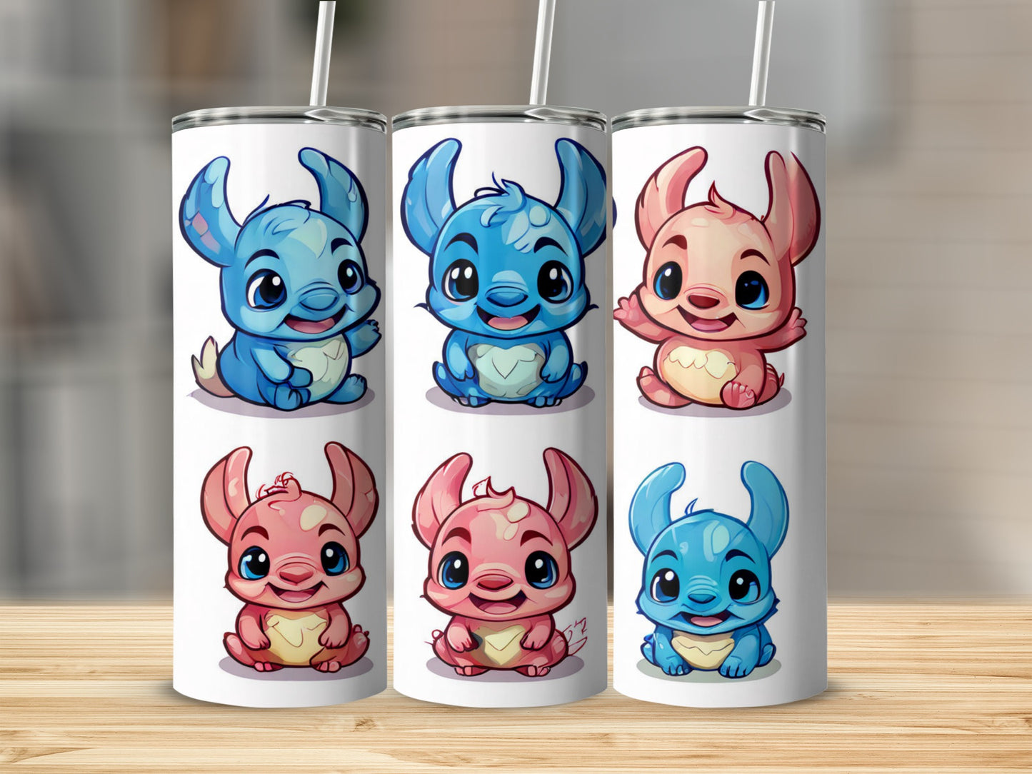 Six cartoon Stitch characters in various colors and poses.