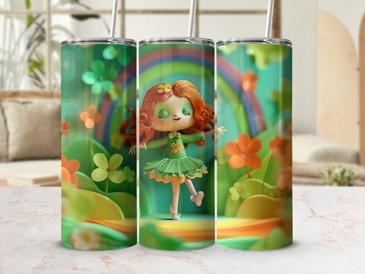 Green tumbler with a cartoon girl in a green dress dancing in a rainbow garden.