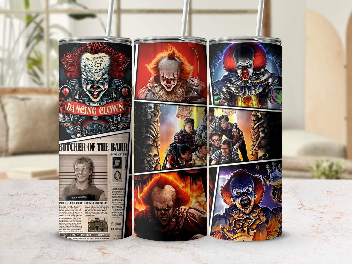 Three tumblers with horror clown and newspaper designs.