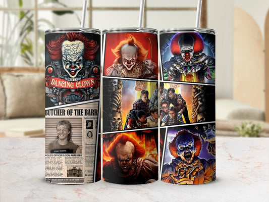 Three tumblers with horror clown and newspaper designs.