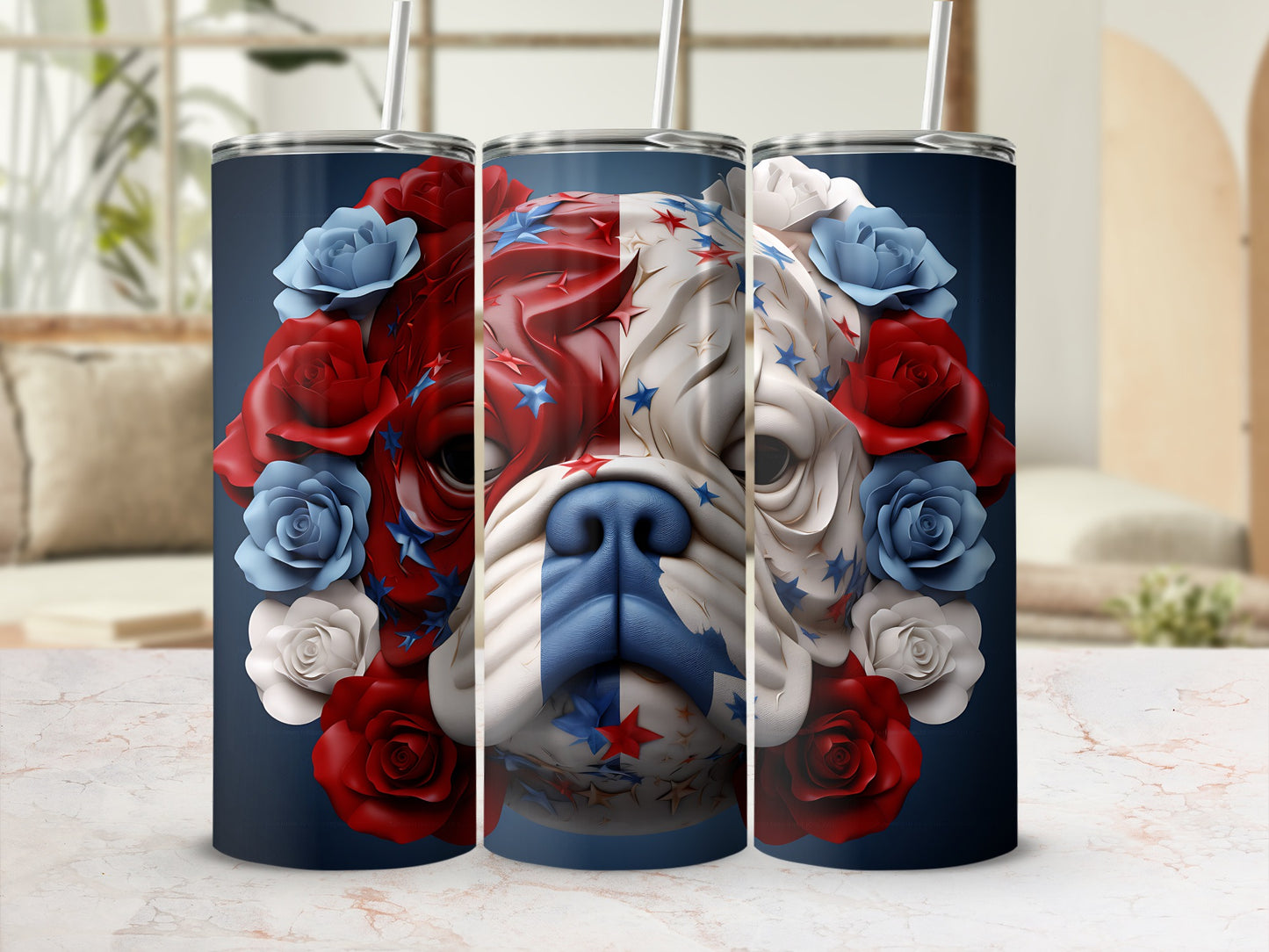 Tumbler with patriotic bulldog face surrounded by red, white, and blue flowers.