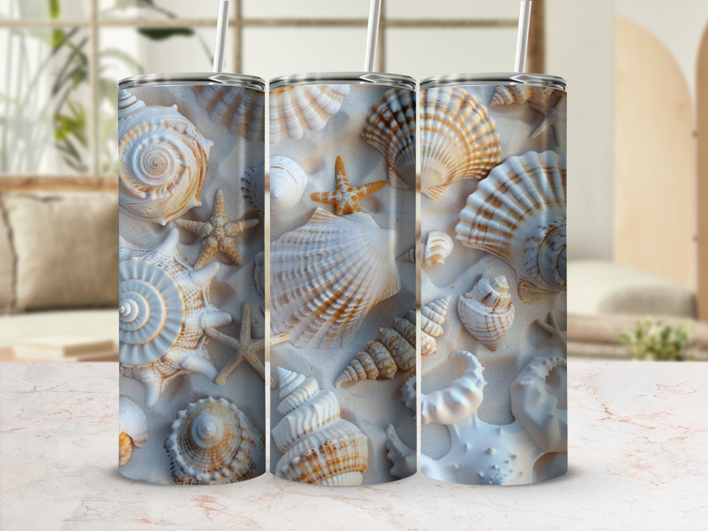 Seashells and starfish on sand, 3D render.