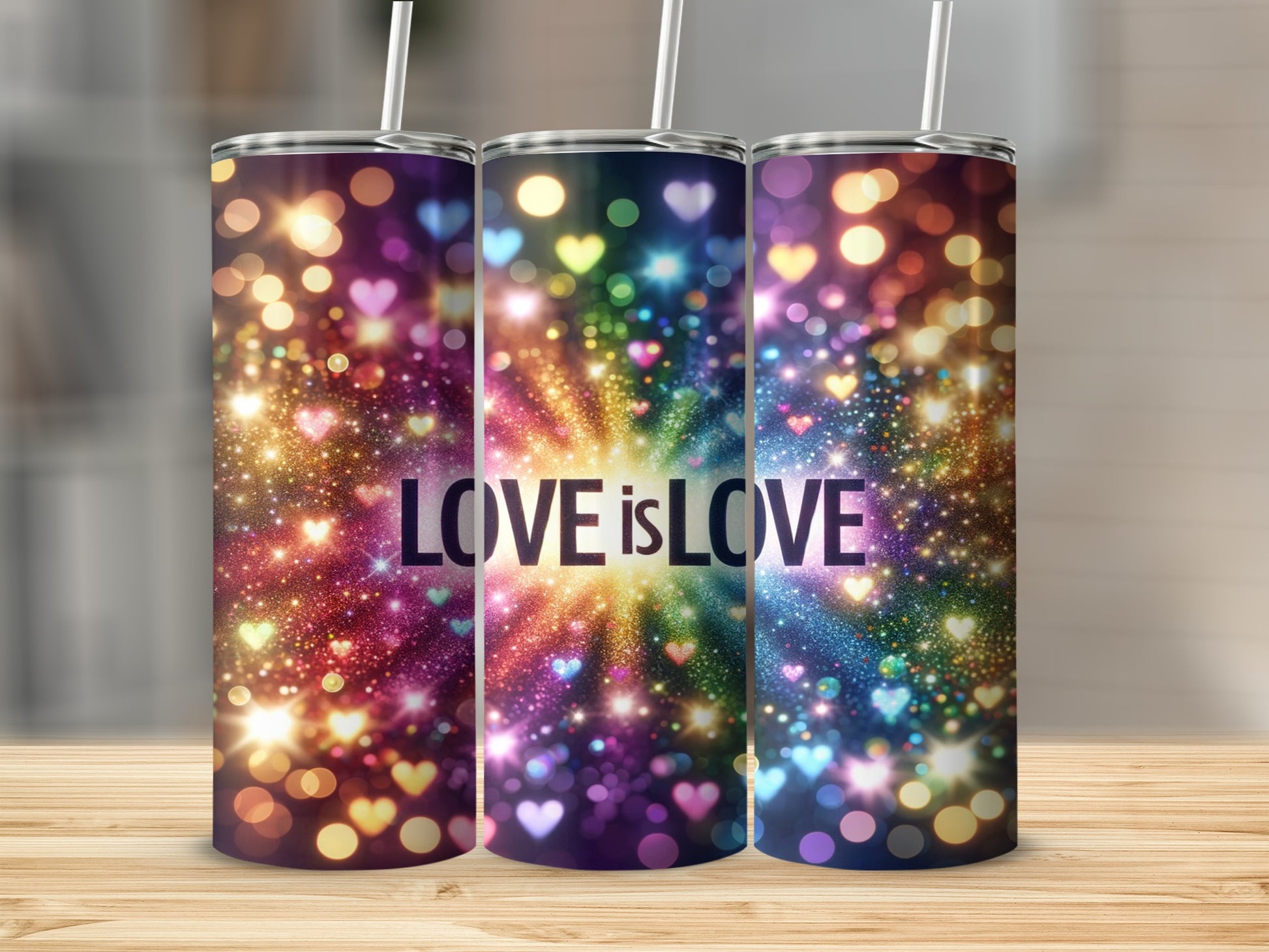 Three tumblers with a colorful bokeh heart and lightburst design that reads "Love is Love."
