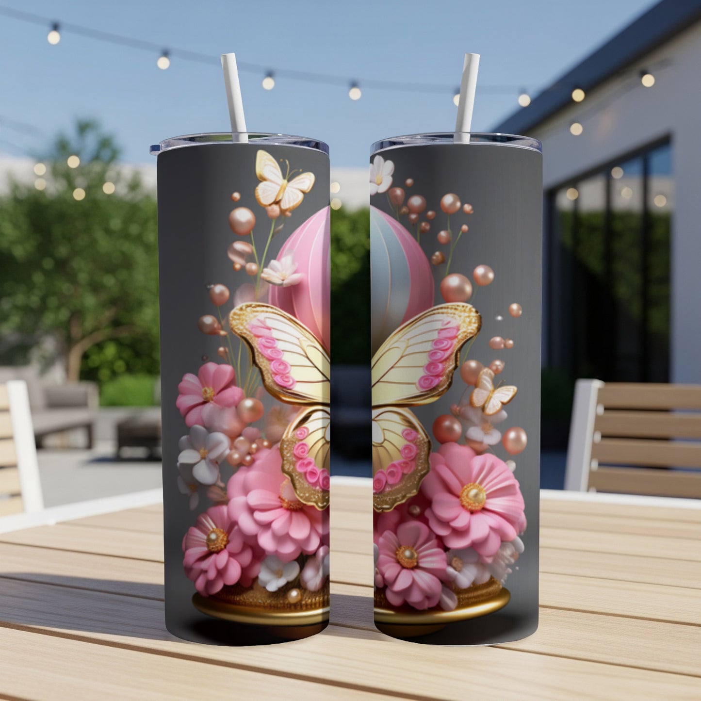Pink and gold butterfly with floral accents on a grey tumbler.