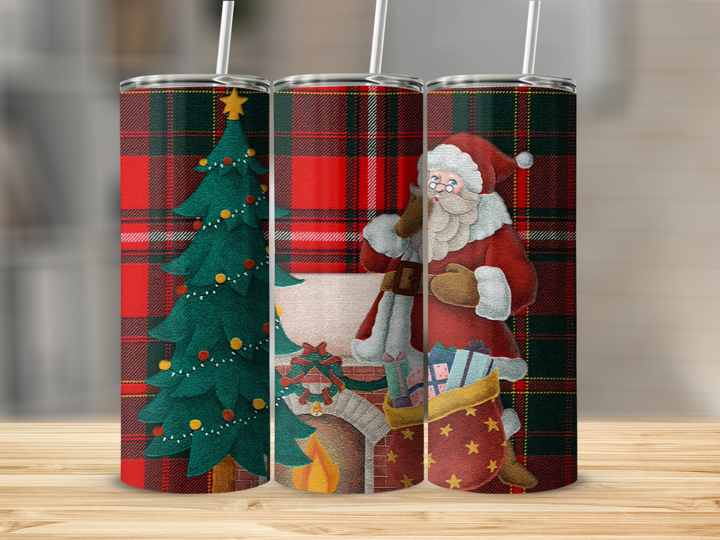 Santa Claus next to a decorated Christmas tree and fireplace, on a plaid background.